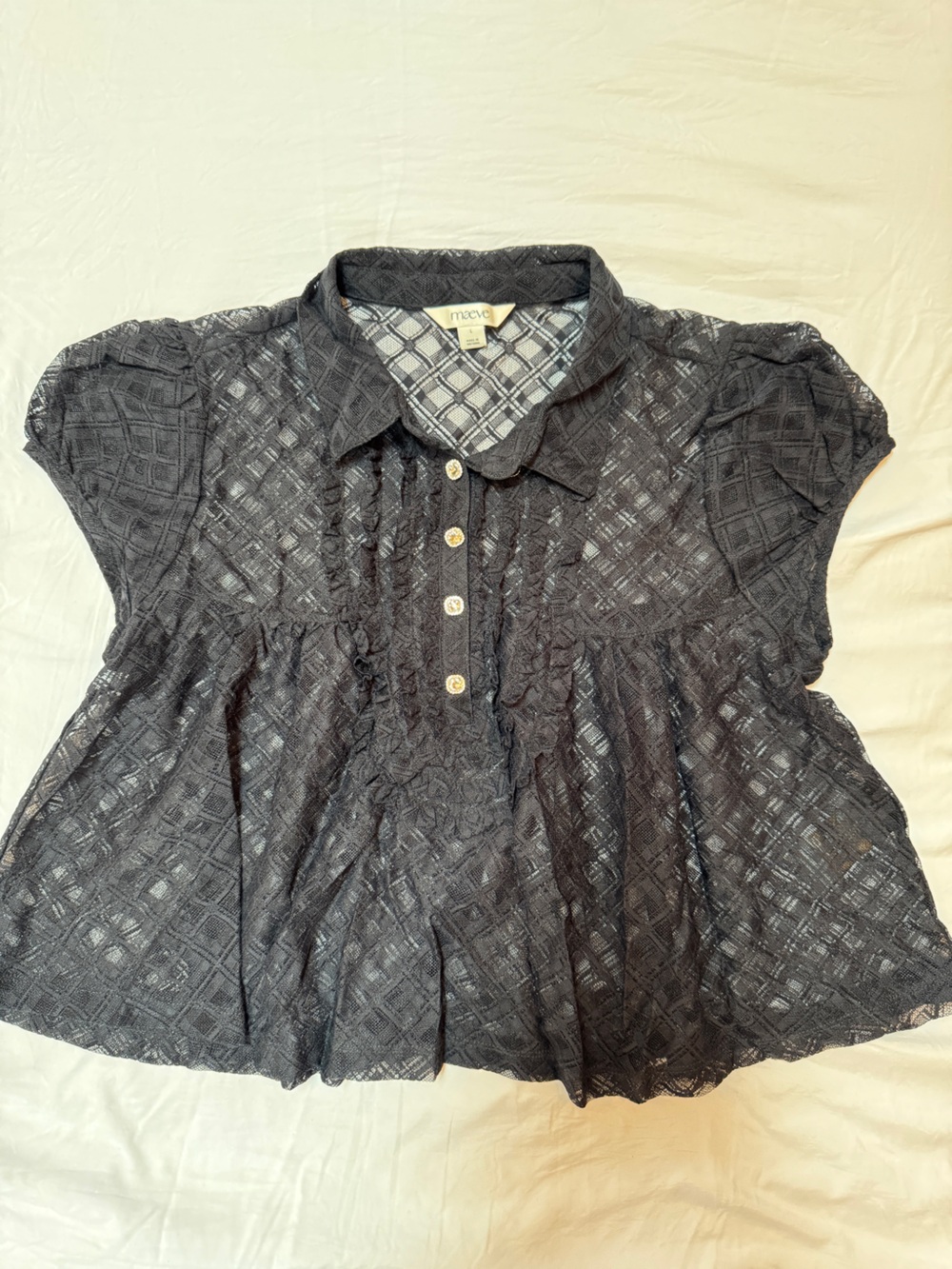 Maeve Black Sheer Diamond-Textured Button-Front Blouse